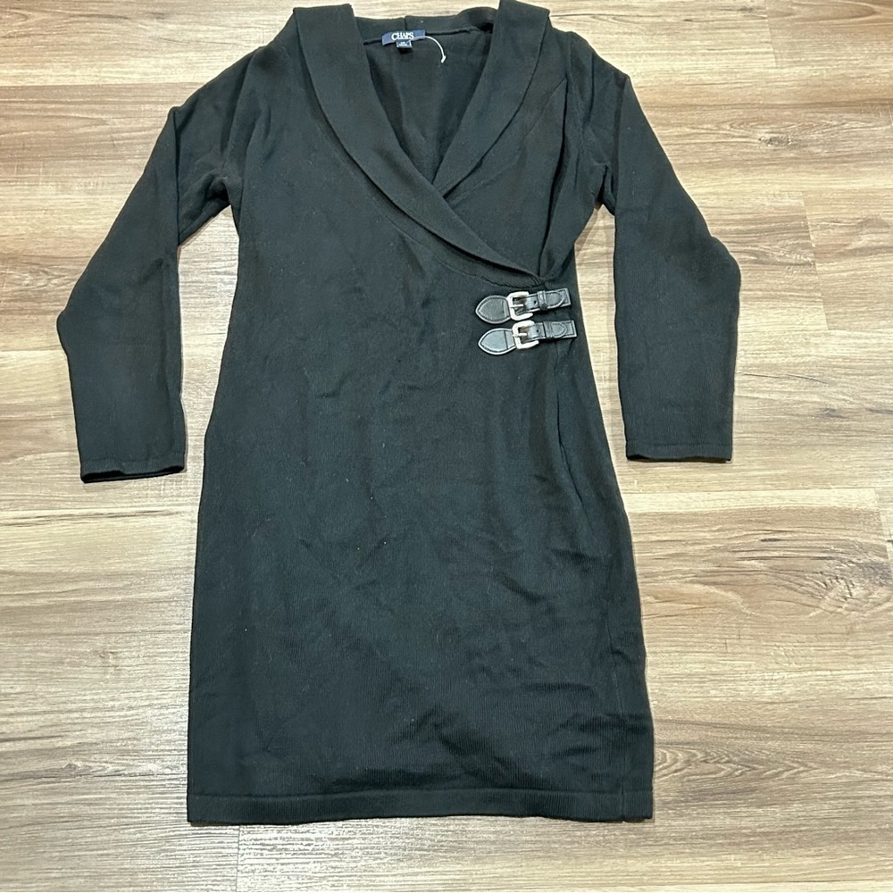 CHAPS Black Wrap Front Long Sleeve Sweater Dress Women size Large